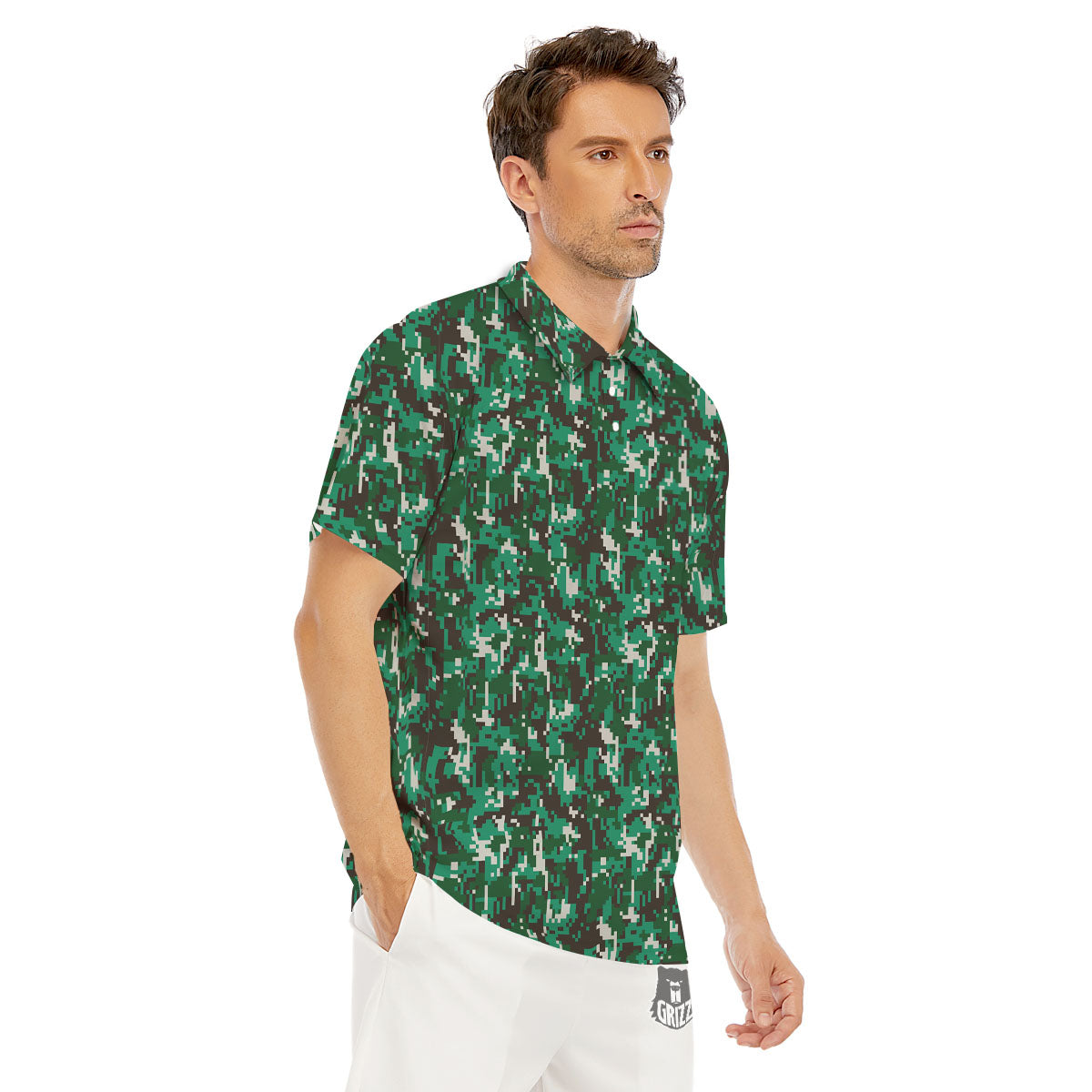 Digital Camo White And Green Print Men's Golf Shirts-grizzshop