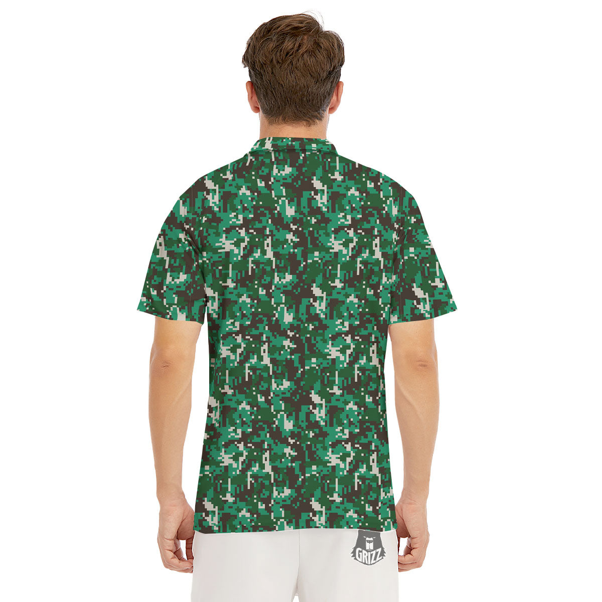 Digital Camo White And Green Print Men's Golf Shirts-grizzshop