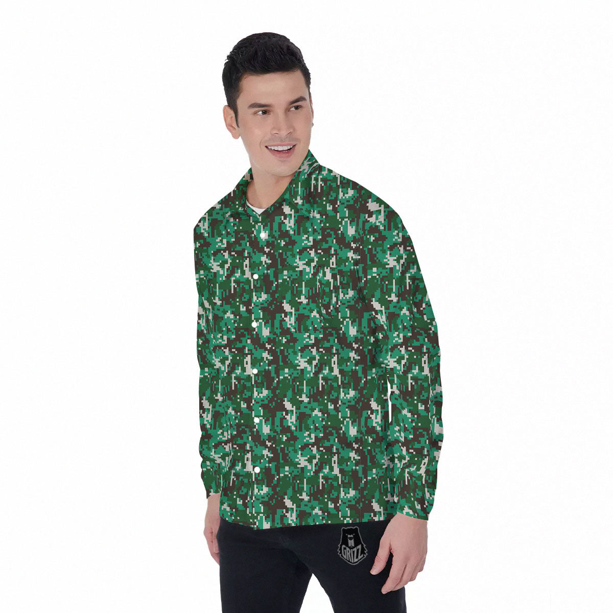 Digital Camo White And Green Print Men's Long Sleeve Shirts-grizzshop
