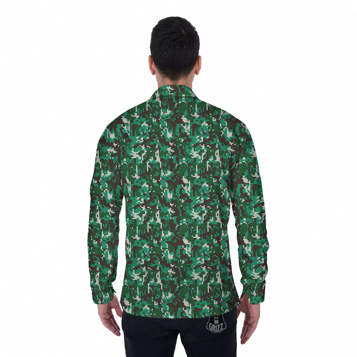 Digital Camo White And Green Print Men's Long Sleeve Shirts-grizzshop