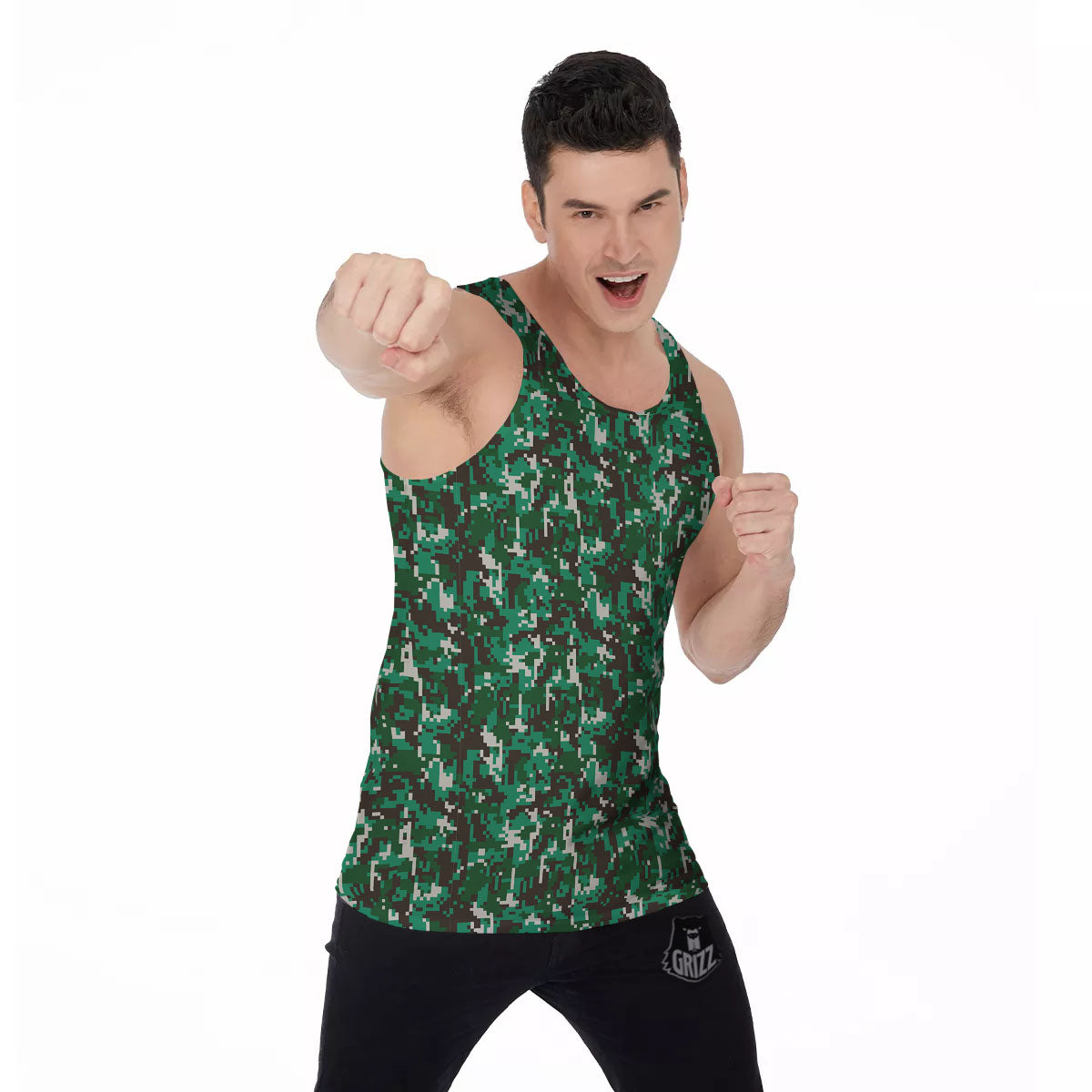 Digital Camo White And Green Print Men's Tank Top-grizzshop