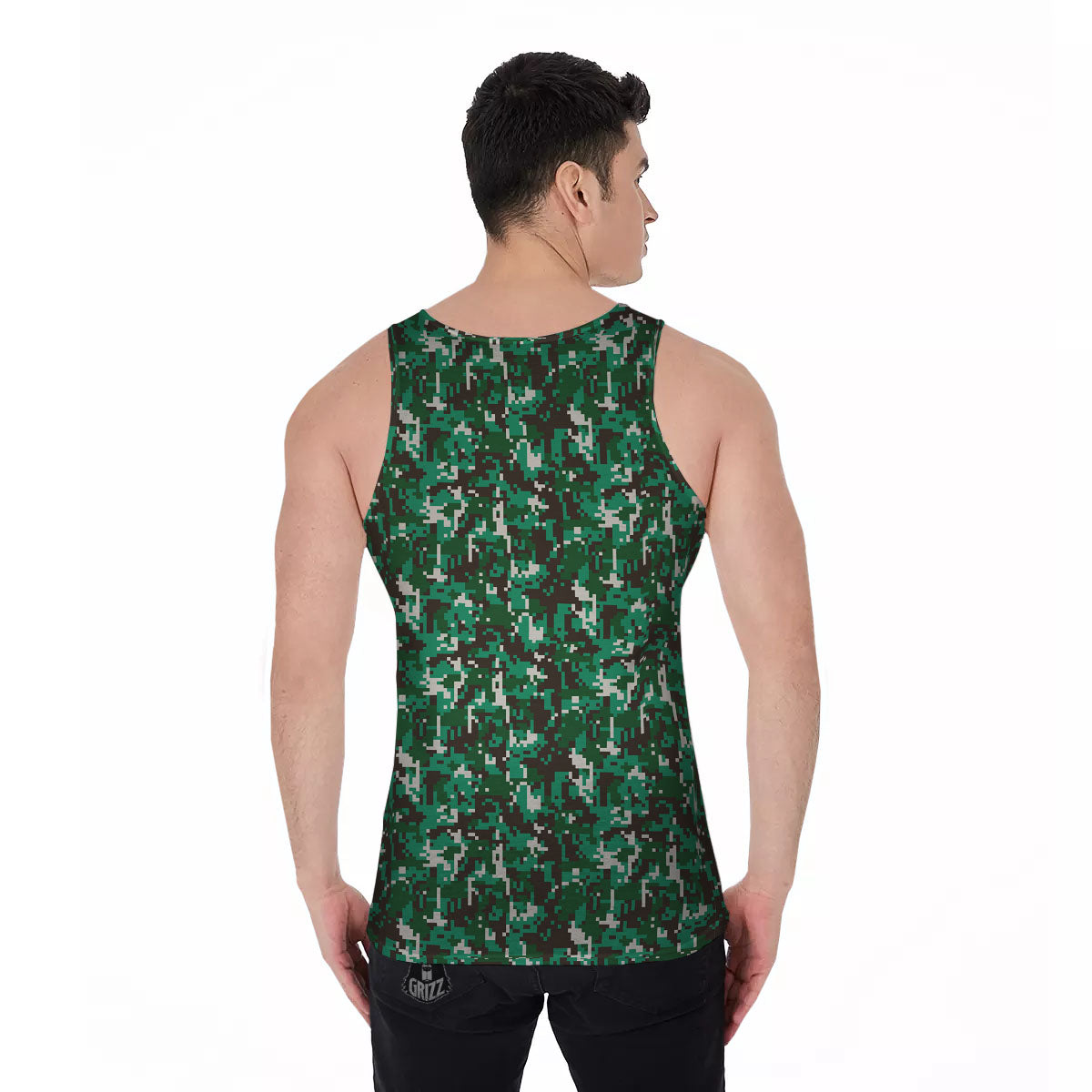 Digital Camo White And Green Print Men's Tank Top-grizzshop
