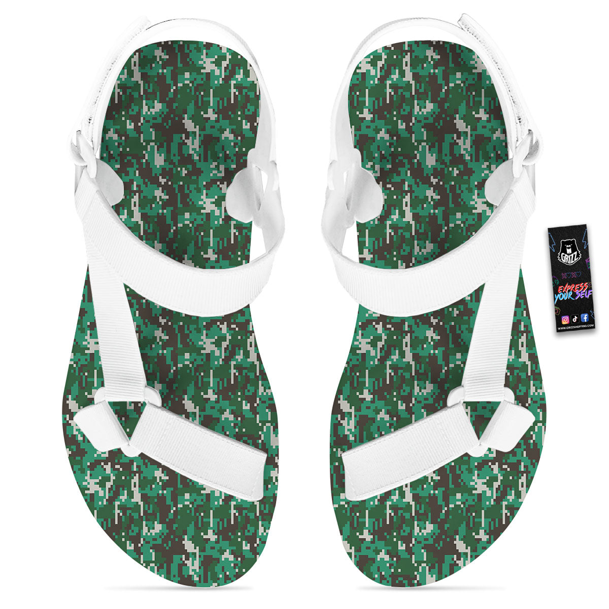 Digital Camo White And Green Print White Open Toe Sandals-grizzshop