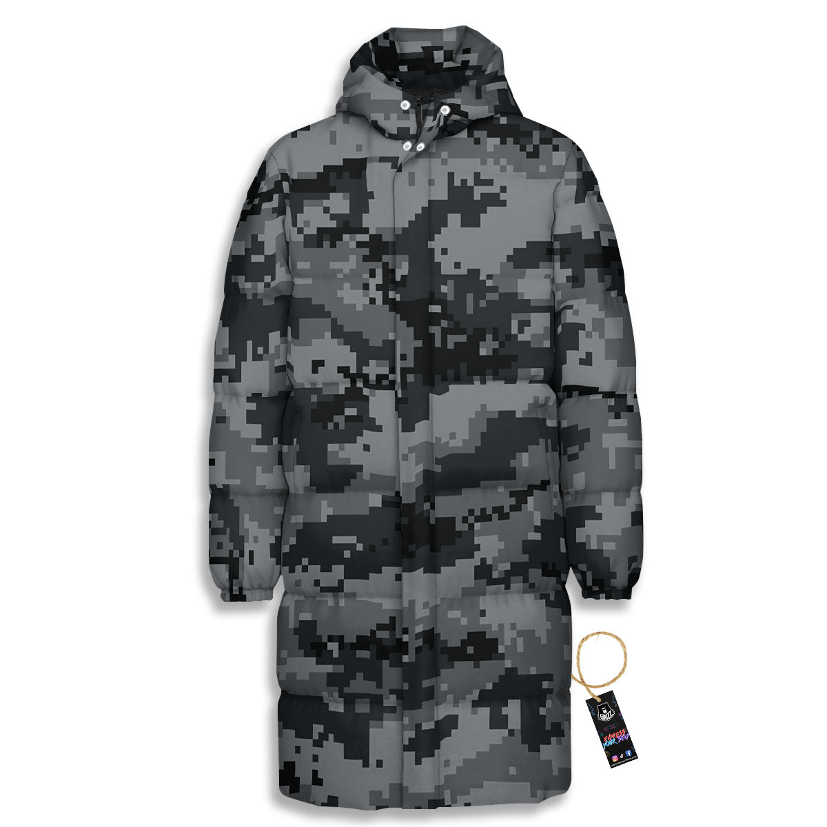 Digital Camo Grey And Black Print Long Down Jacket