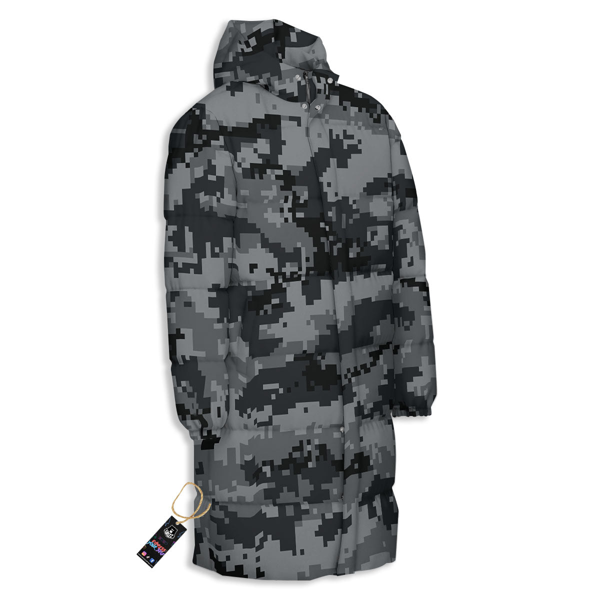 Digital Camo Grey And Black Print Long Down Jacket