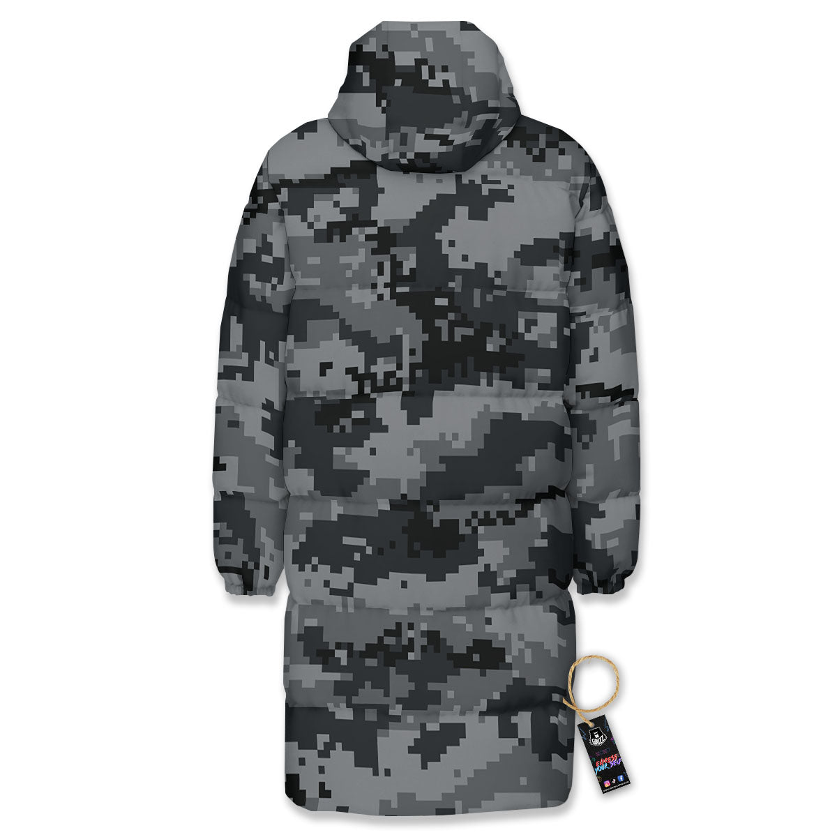 Digital Camo Grey And Black Print Long Down Jacket