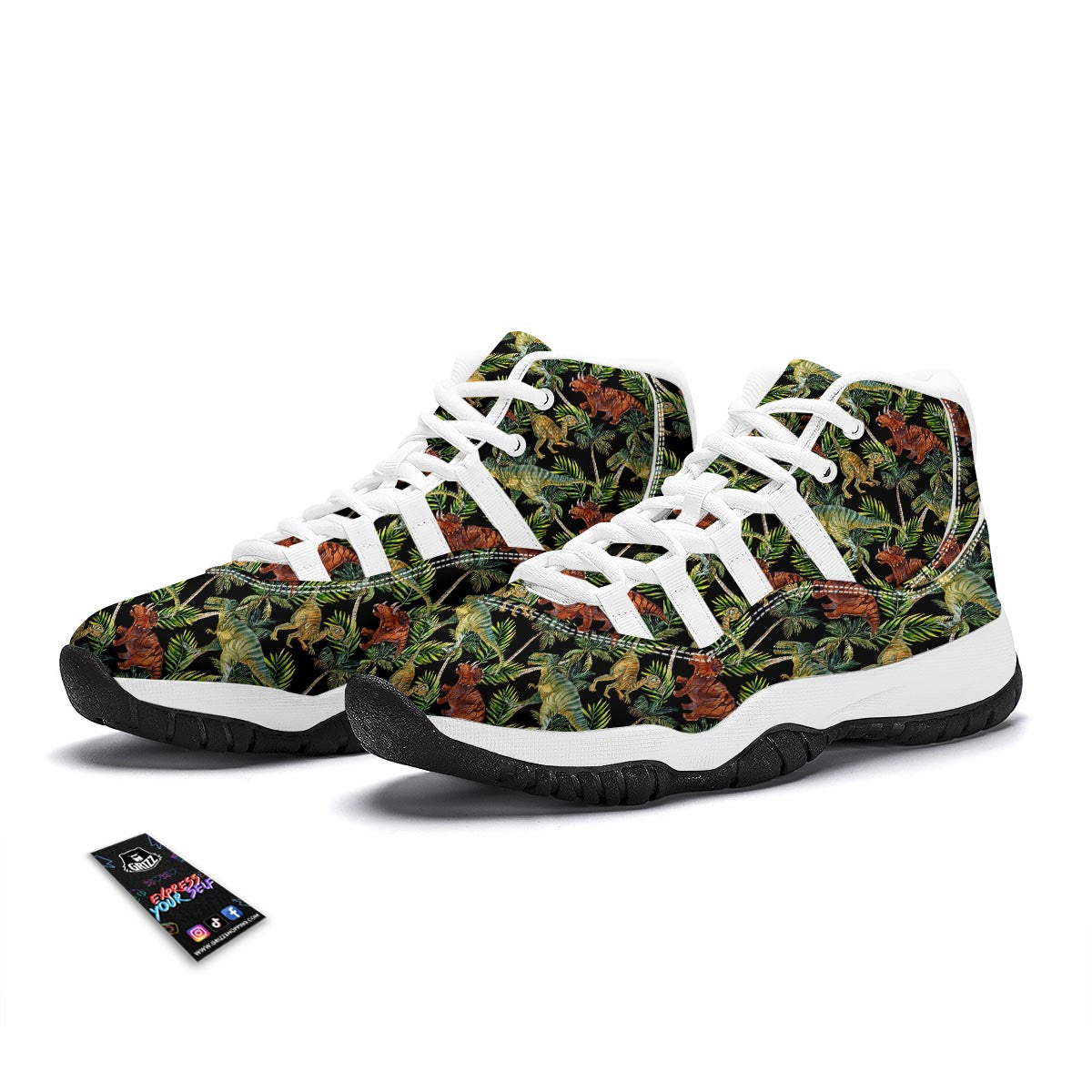 Dino Dinosaur Palm Leaf Pattern Print White Bball Shoes-grizzshop