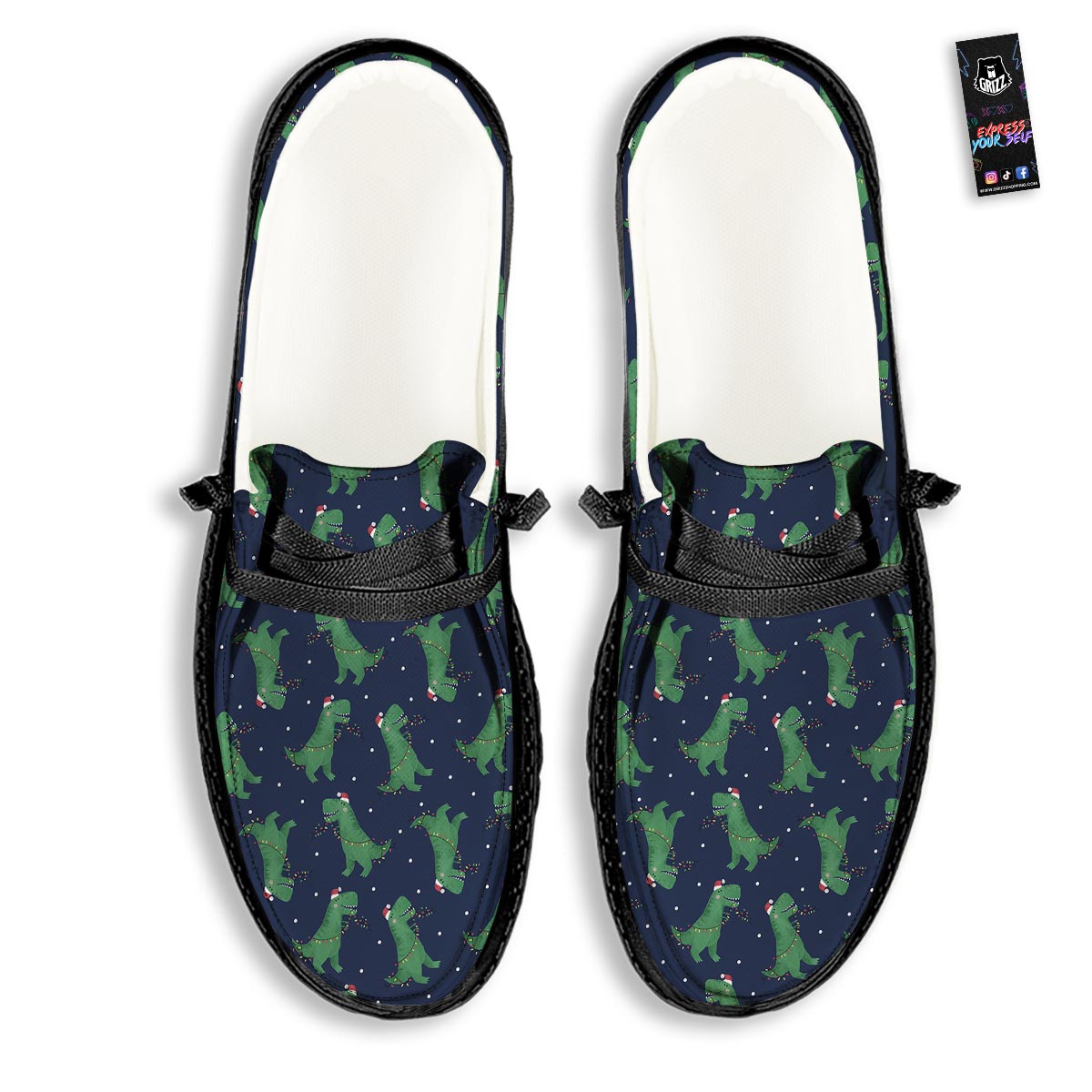 Dino T-Rex Christmas Santa Claus Print Pattern Black Loafers-grizzshop