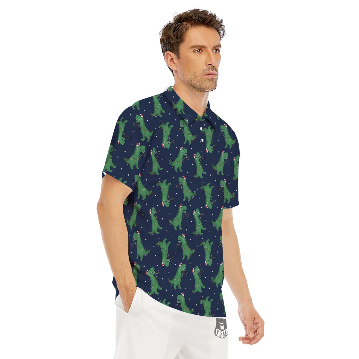 Dino T-Rex Christmas Santa Claus Print Pattern Men's Golf Shirts-grizzshop