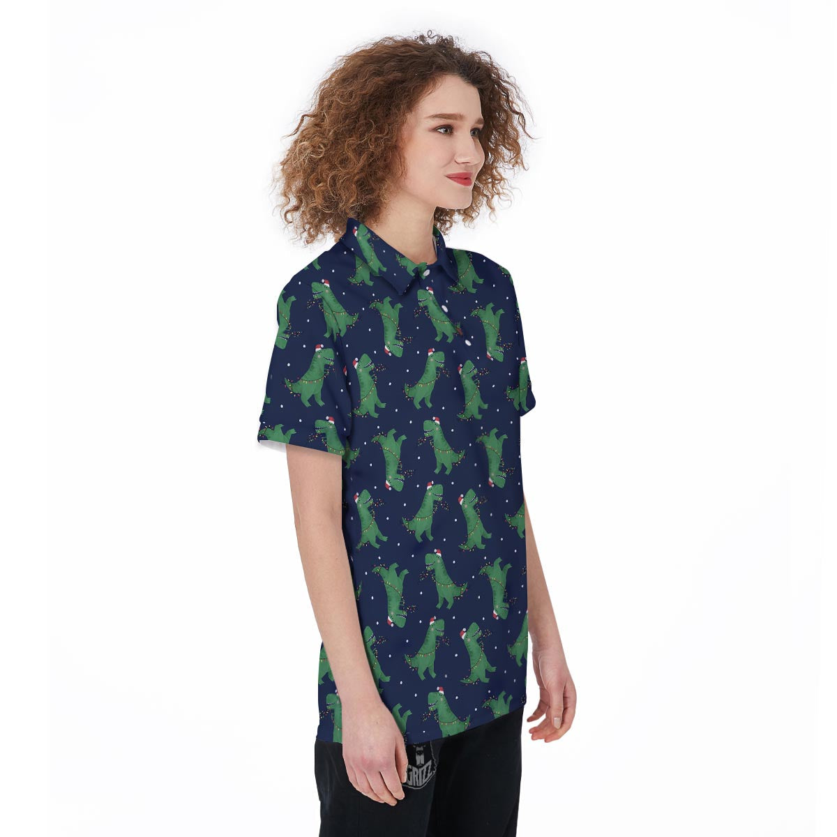 Dino T-Rex Christmas Santa Claus Print Pattern Women's Golf Shirts-grizzshop