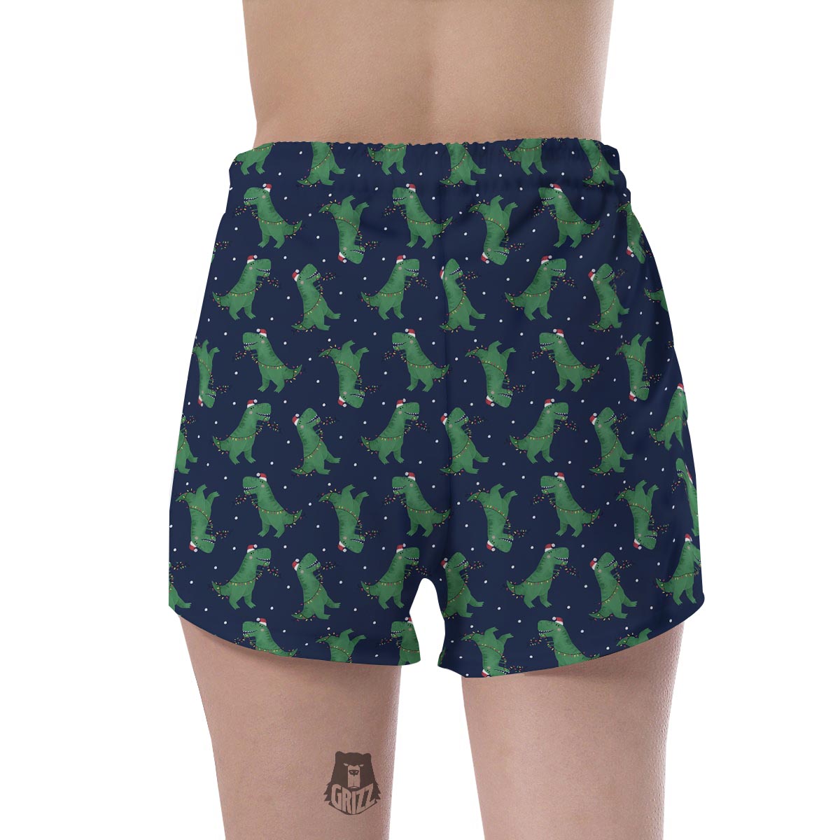 Dino T-Rex Christmas Santa Claus Print Pattern Women's Shorts-grizzshop