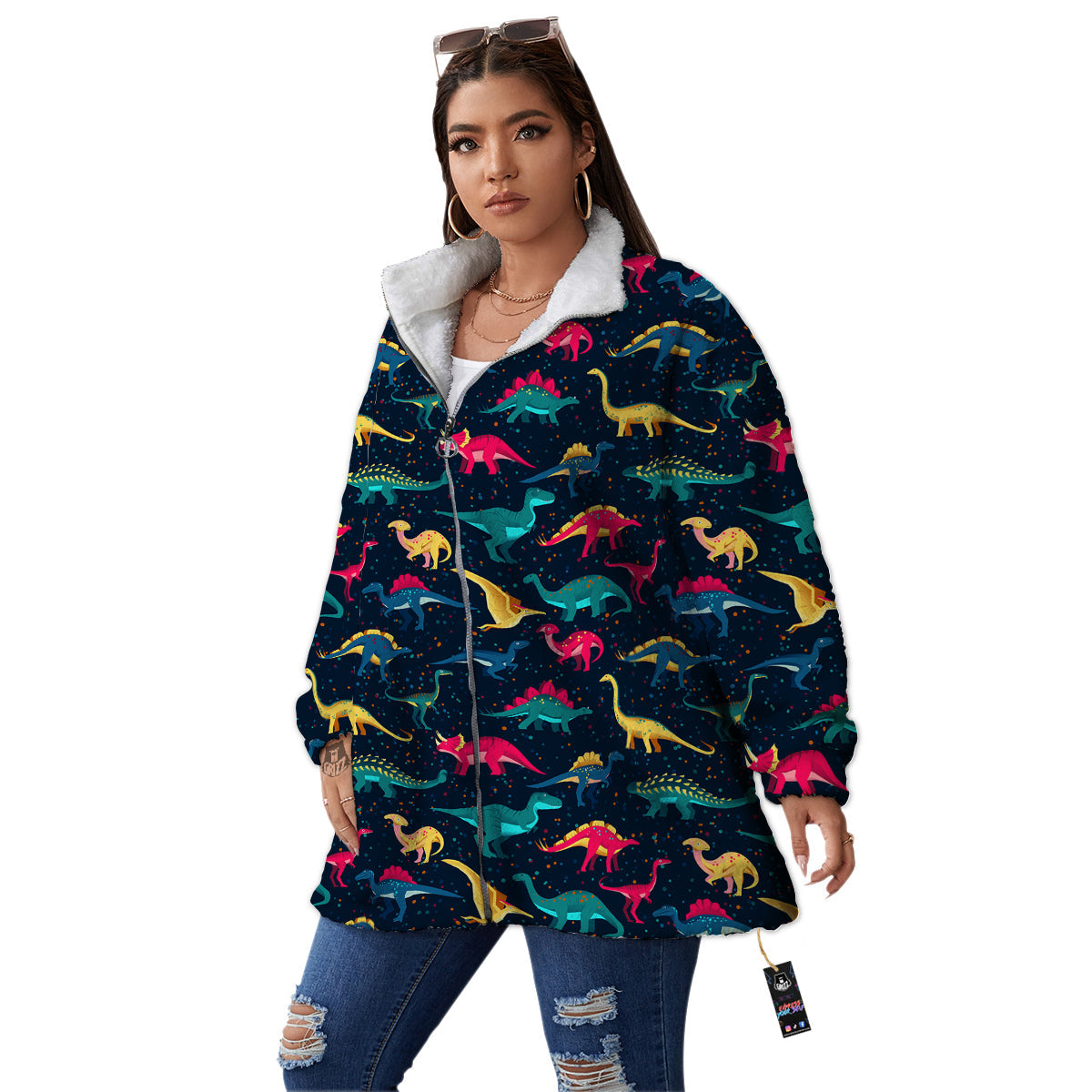 Dinosaur Colorful Print Pattern Women's Sherpa Jacket-grizzshop