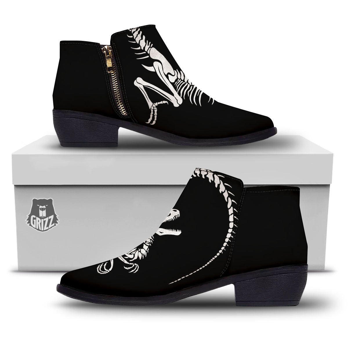 Dinosaur Fossil White And Black Print Ankle Boots-grizzshop