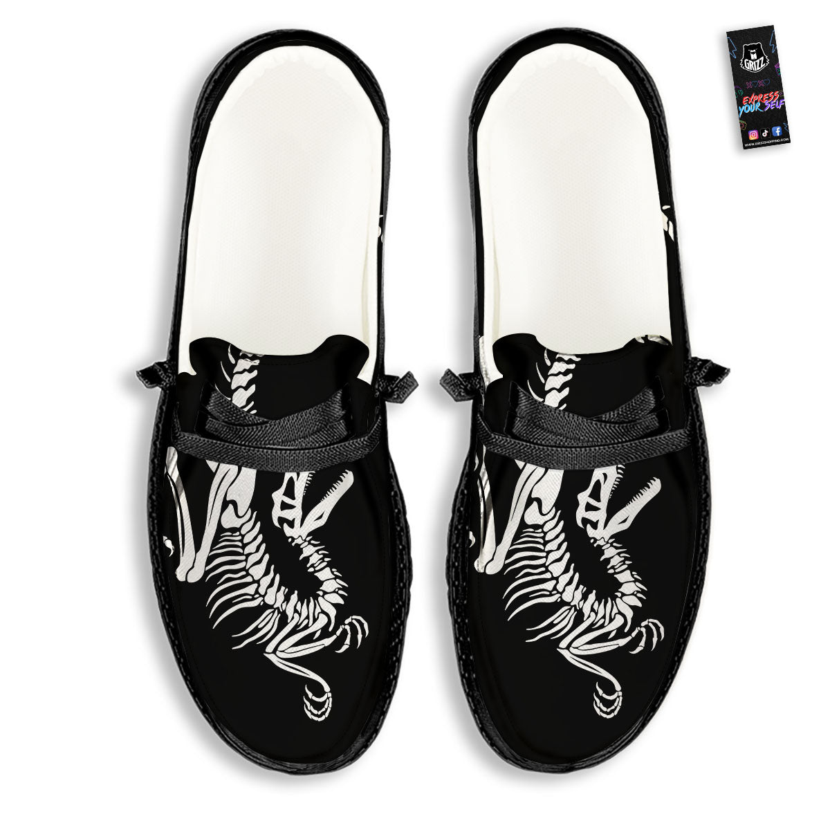 Dinosaur Fossil White And Black Print Black Loafers-grizzshop