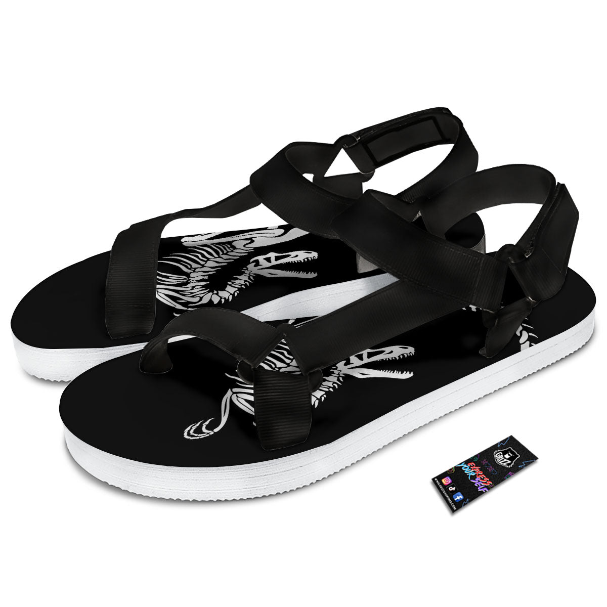 Dinosaur Fossil White And Black Print Black Open Toe Sandals-grizzshop