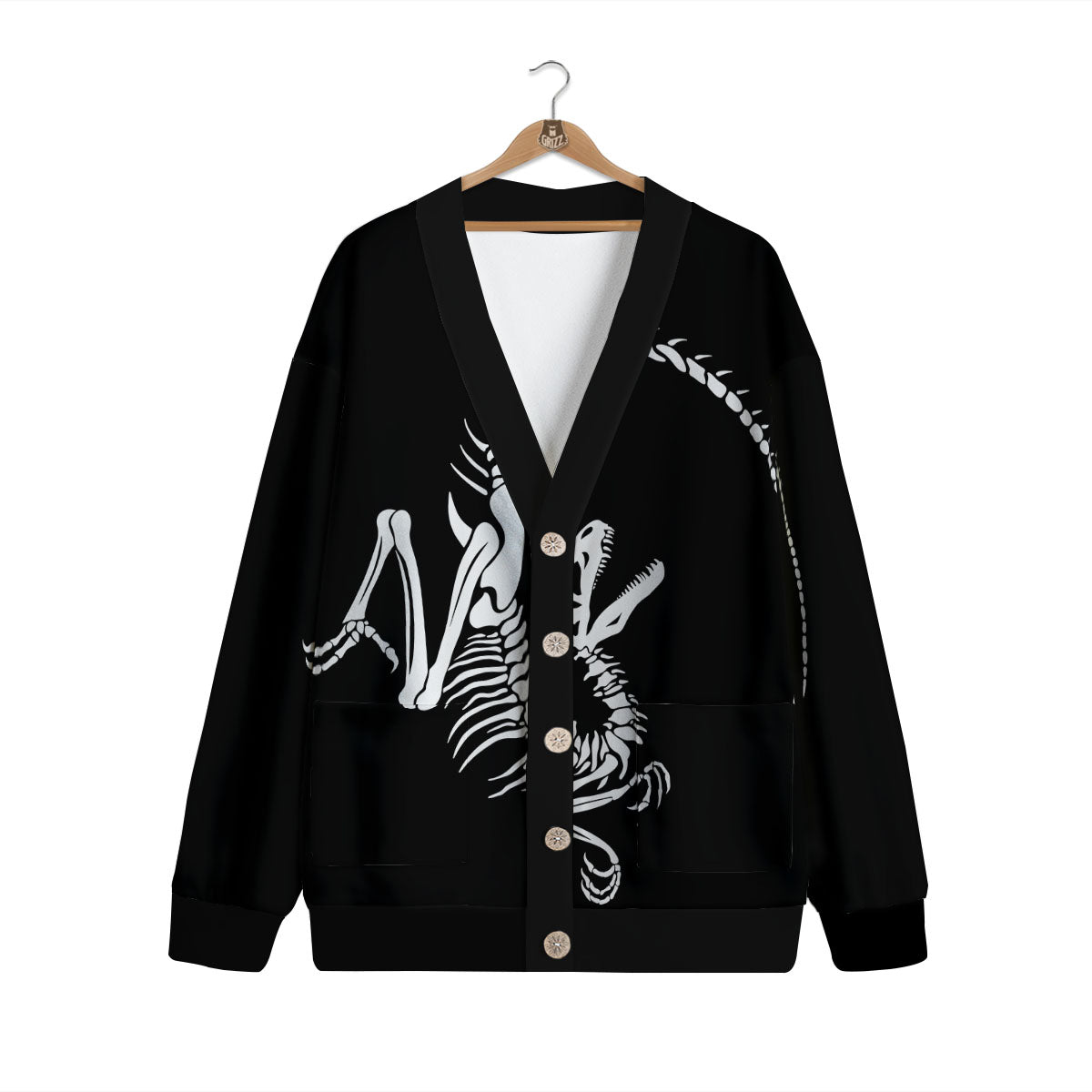 Dinosaur Fossil White And Black Print Cardigan-grizzshop