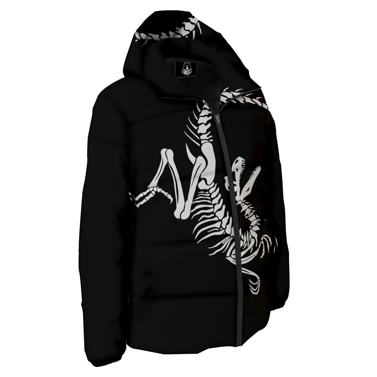 Dinosaur Fossil White And Black Print Down Jacket-grizzshop