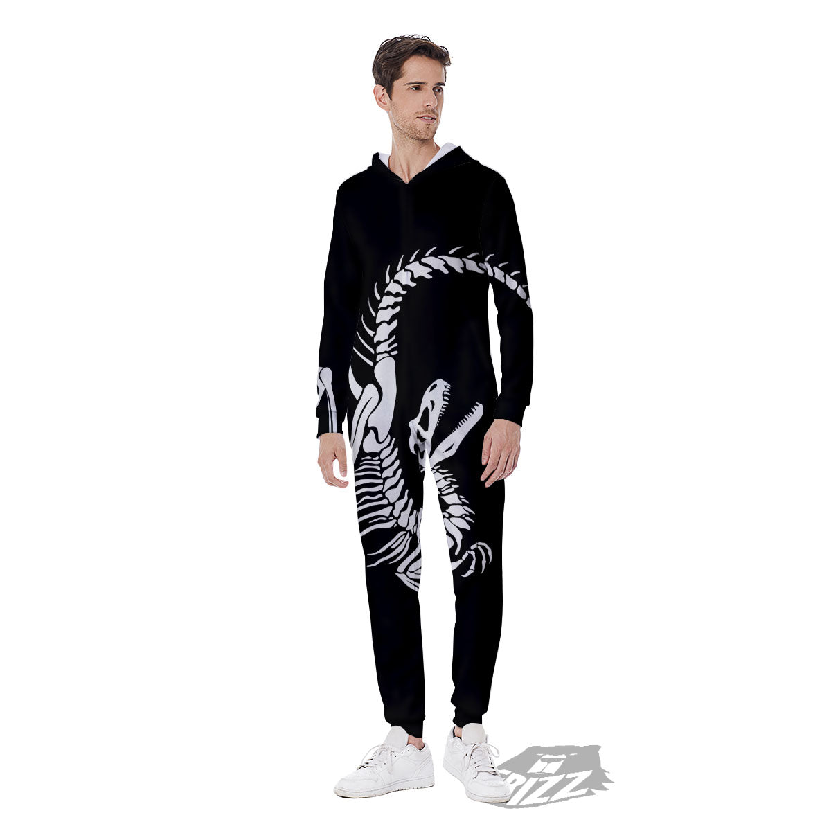 Dinosaur Fossil White And Black Print Men's Jumpsuit-grizzshop