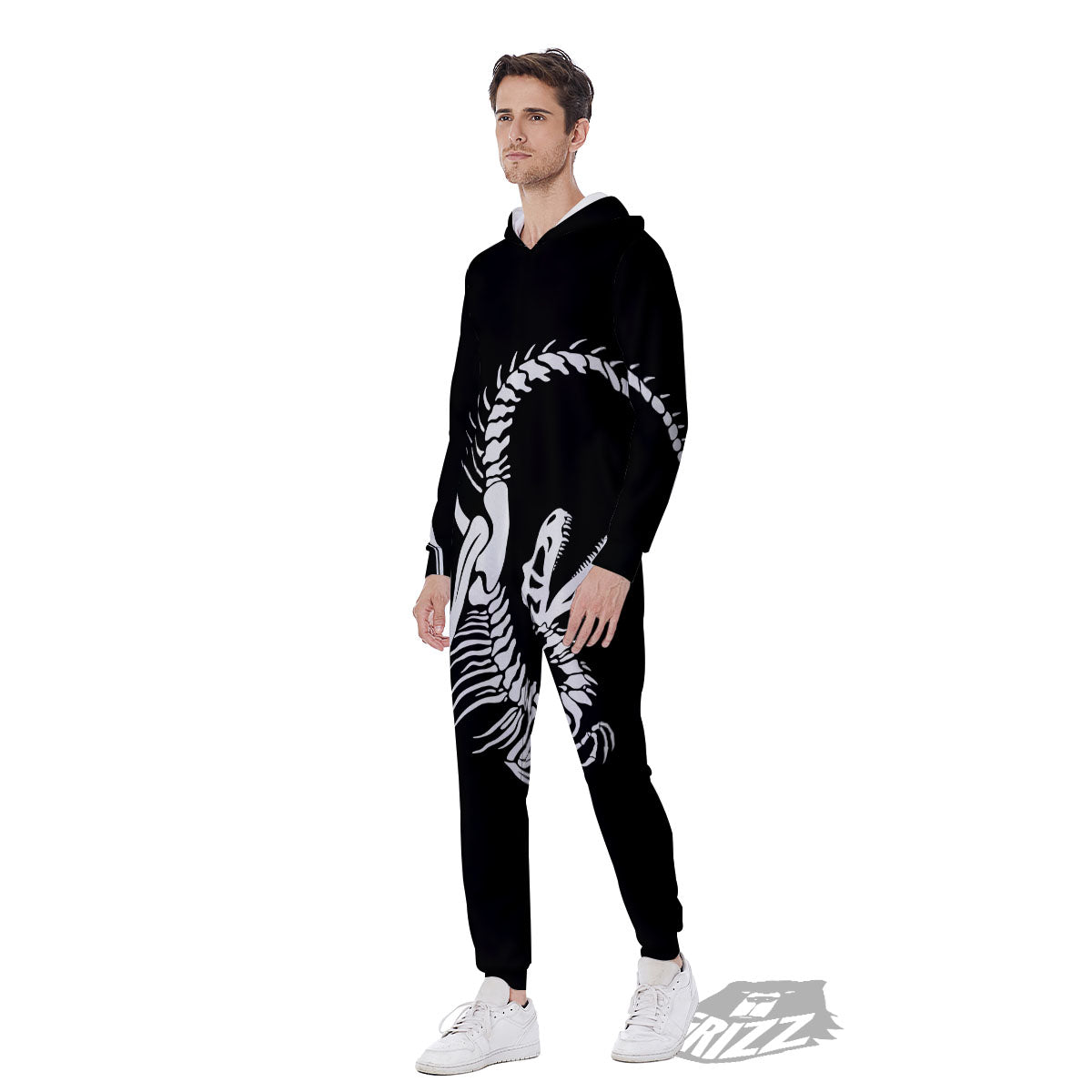 Dinosaur Fossil White And Black Print Men's Jumpsuit-grizzshop