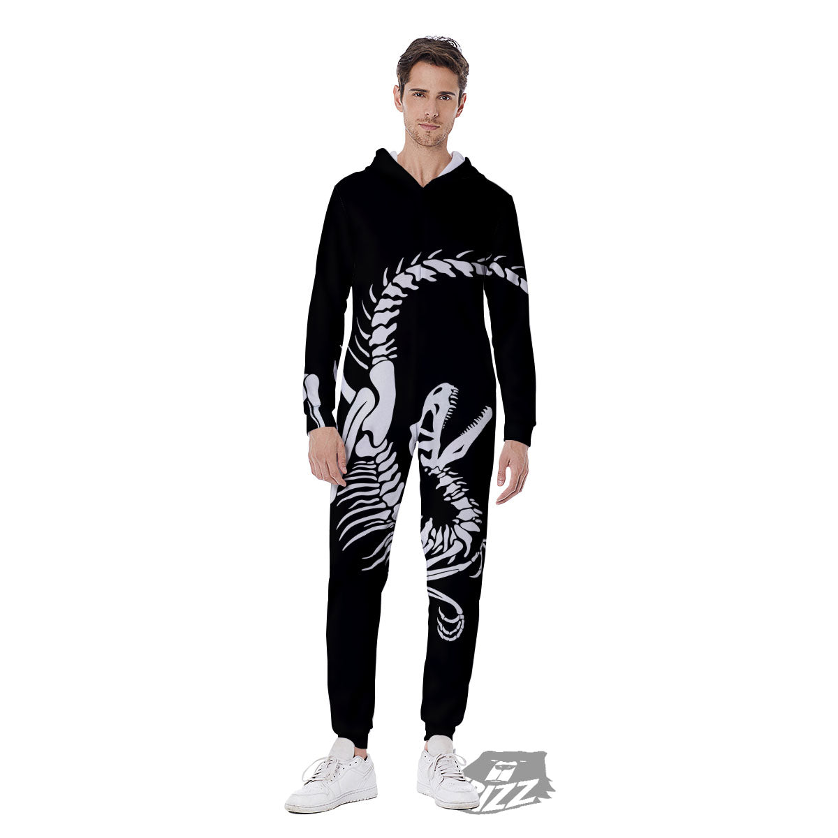 Dinosaur Fossil White And Black Print Men's Jumpsuit-grizzshop