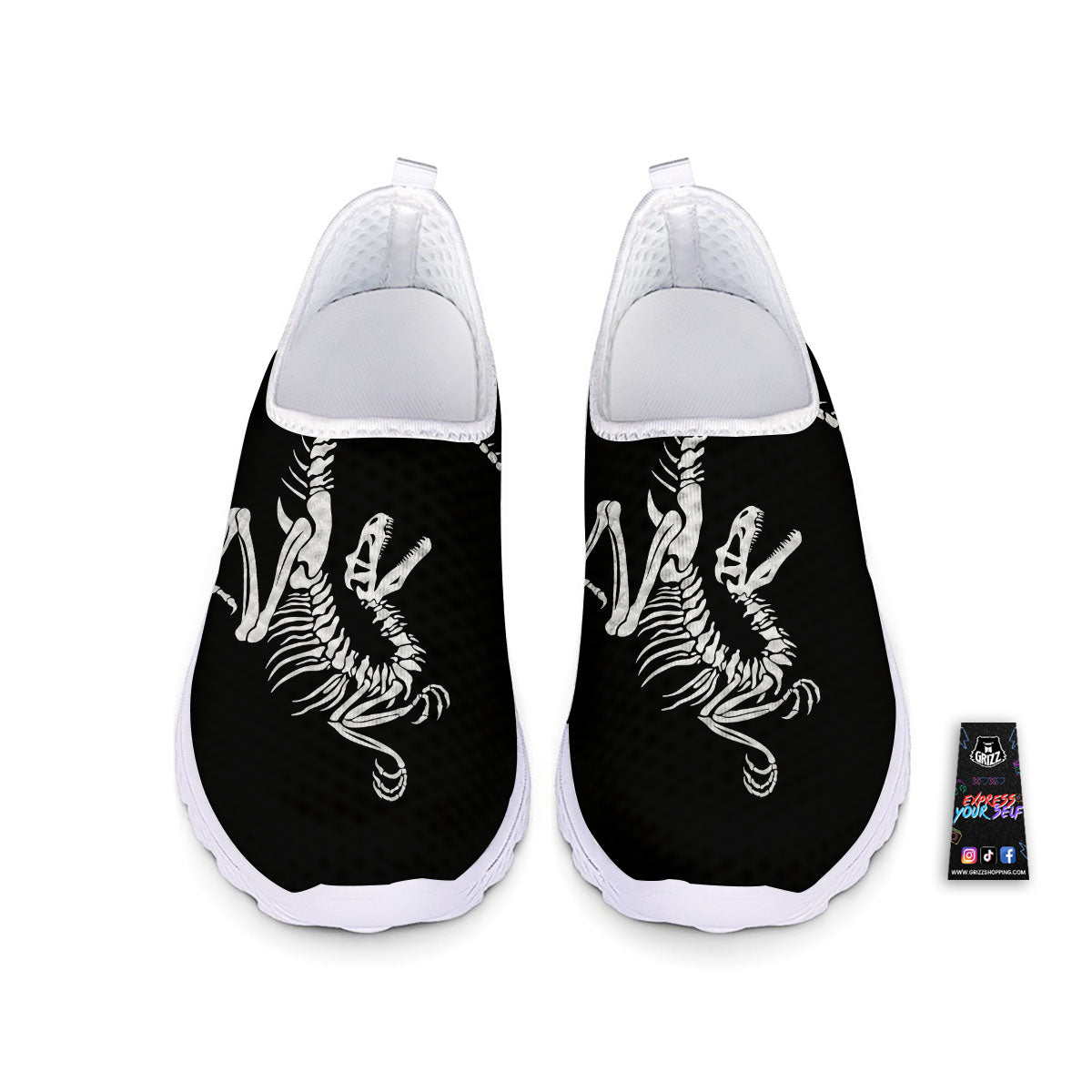 Dinosaur Fossil White And Black Print Nurse Shoes-grizzshop