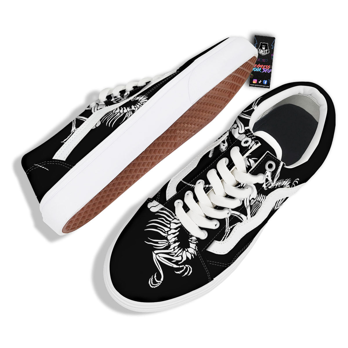 Dinosaur Fossil White And Black Print Skate Shoes-grizzshop