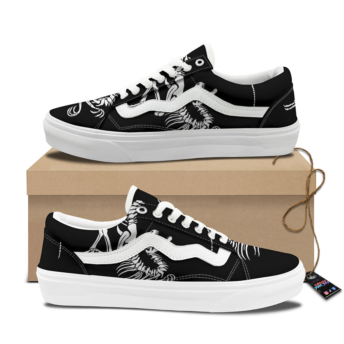 Dinosaur Fossil White And Black Print Skate Shoes-grizzshop