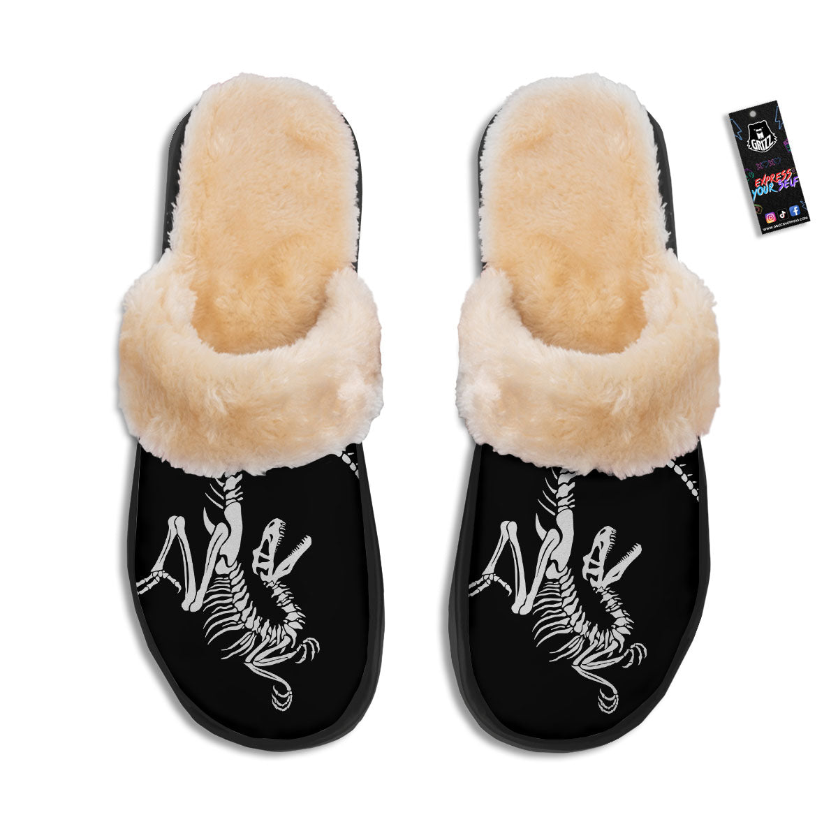 Dinosaur Fossil White And Black Print Slippers-grizzshop