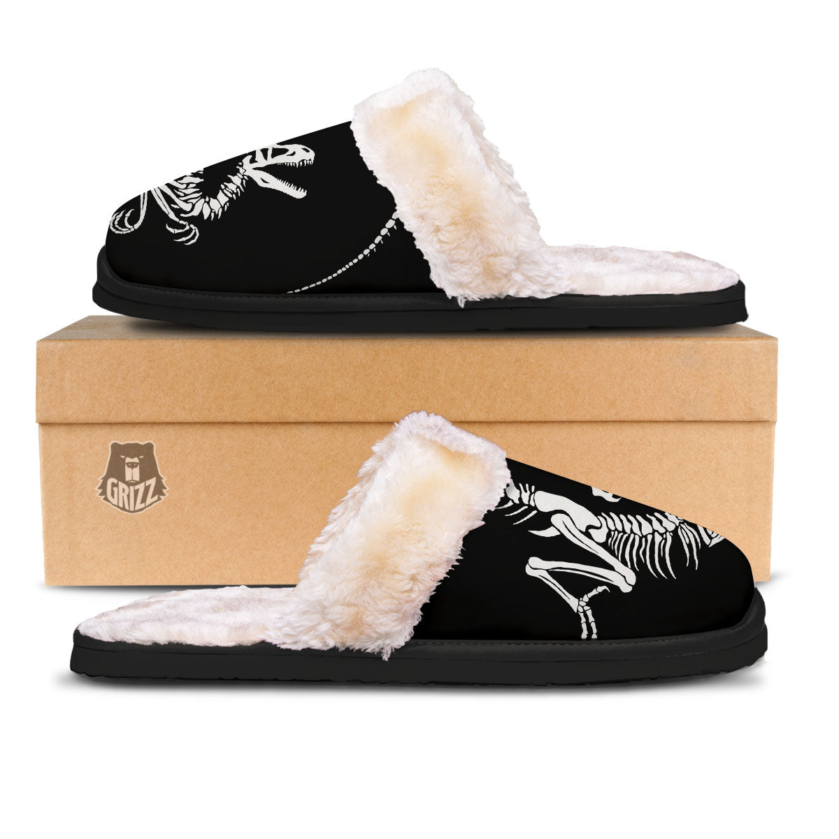 Dinosaur Fossil White And Black Print Slippers-grizzshop