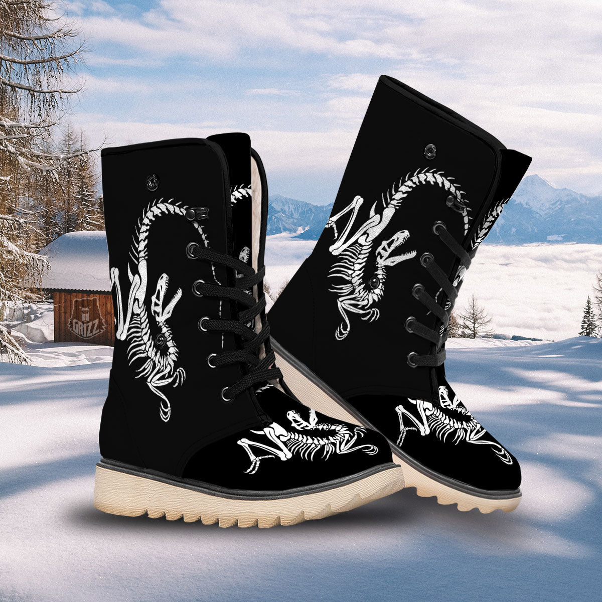 Dinosaur Fossil White And Black Print Snow Boots-grizzshop