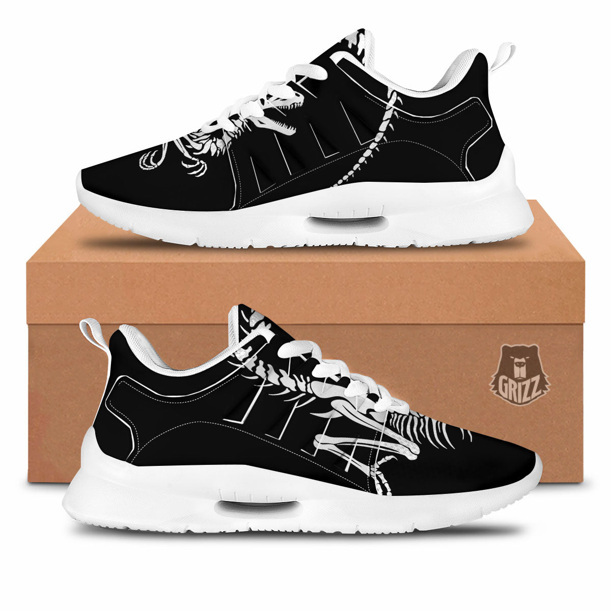 Dinosaur Fossil White And Black Print Tennis Shoes-grizzshop
