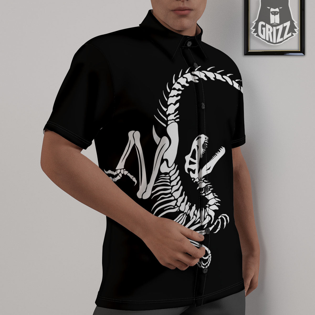 Dinosaur Fossil White And Black Print Untucked Shirts-grizzshop