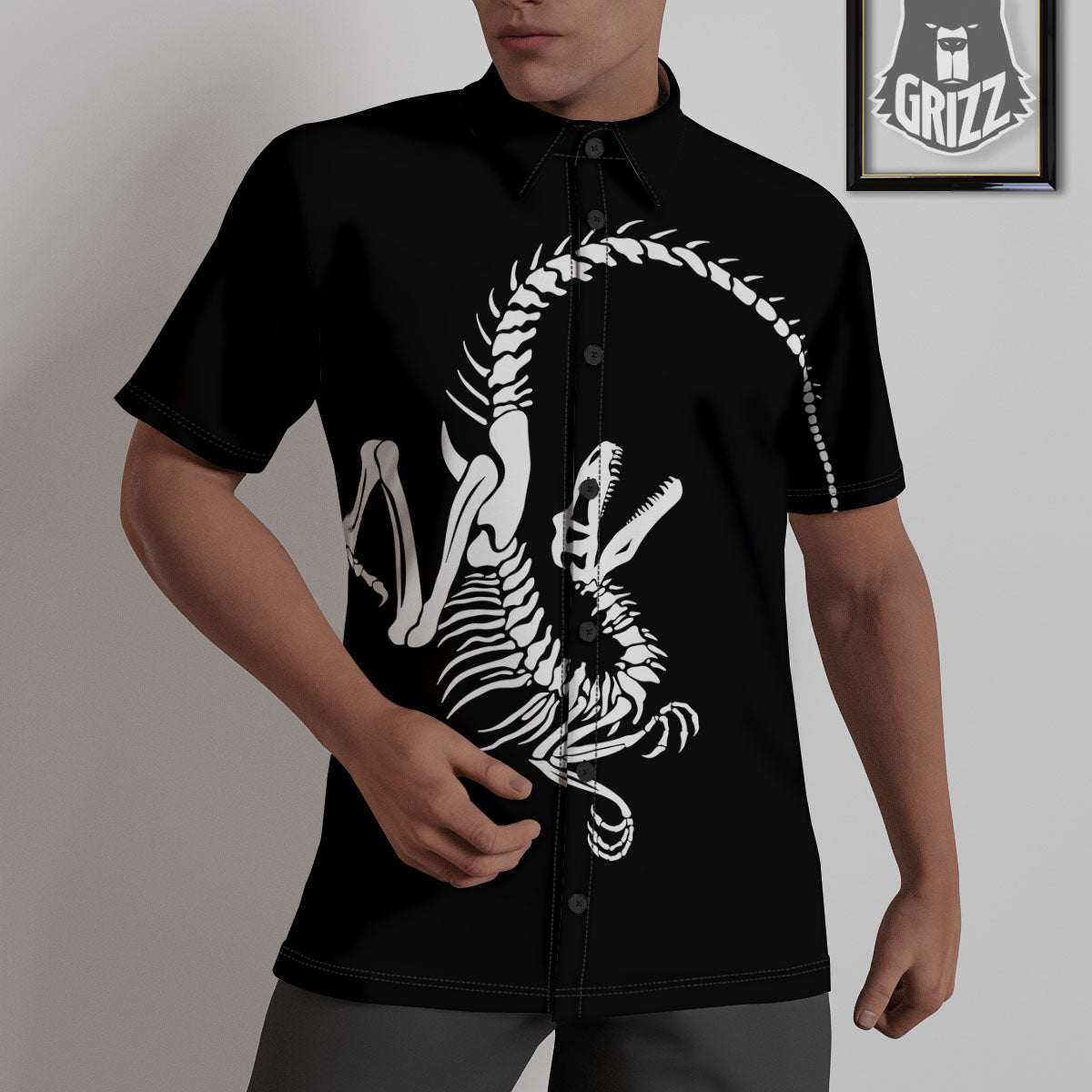 Dinosaur Fossil White And Black Print Untucked Shirts-grizzshop