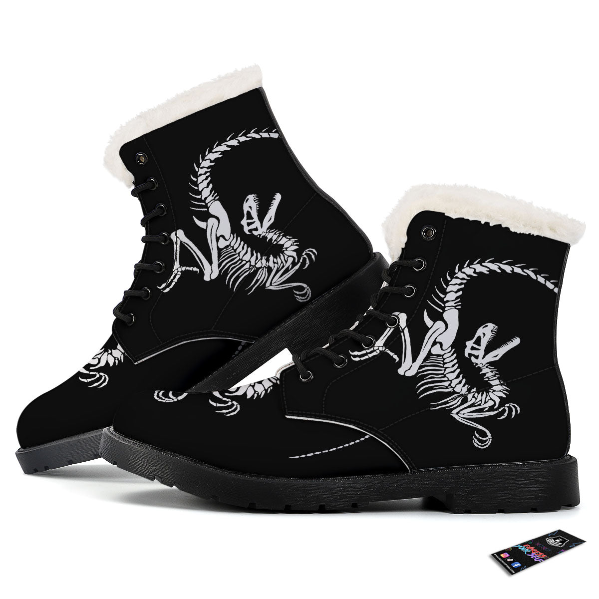 Dinosaur Fossil White And Black Print Winter Boots-grizzshop