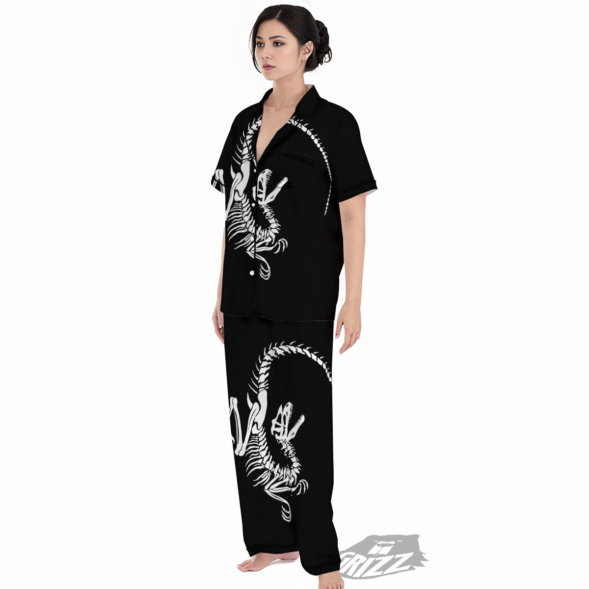 Dinosaur Fossil White And Black Print Women's Pajamas Set-grizzshop