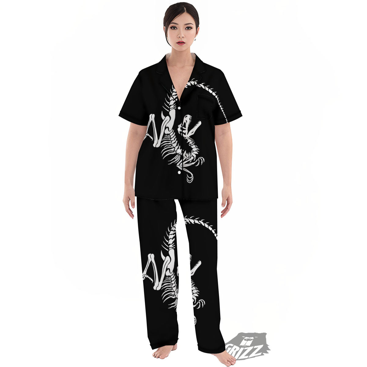 Dinosaur Fossil White And Black Print Women's Pajamas Set-grizzshop