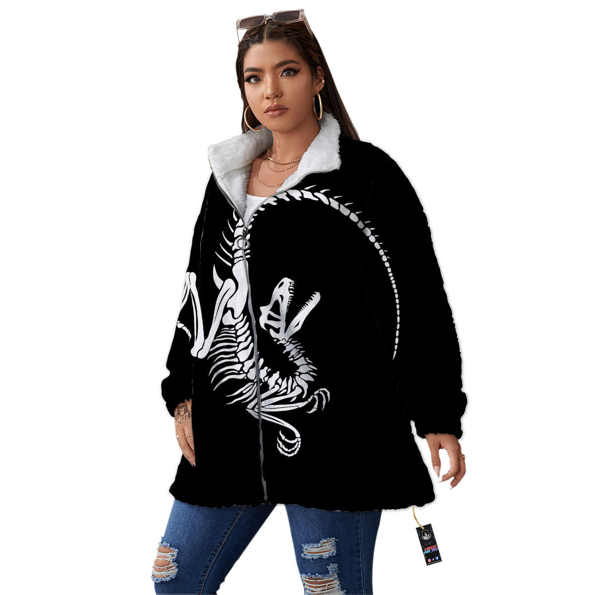 Dinosaur Fossil White And Black Print Women's Sherpa Jacket-grizzshop