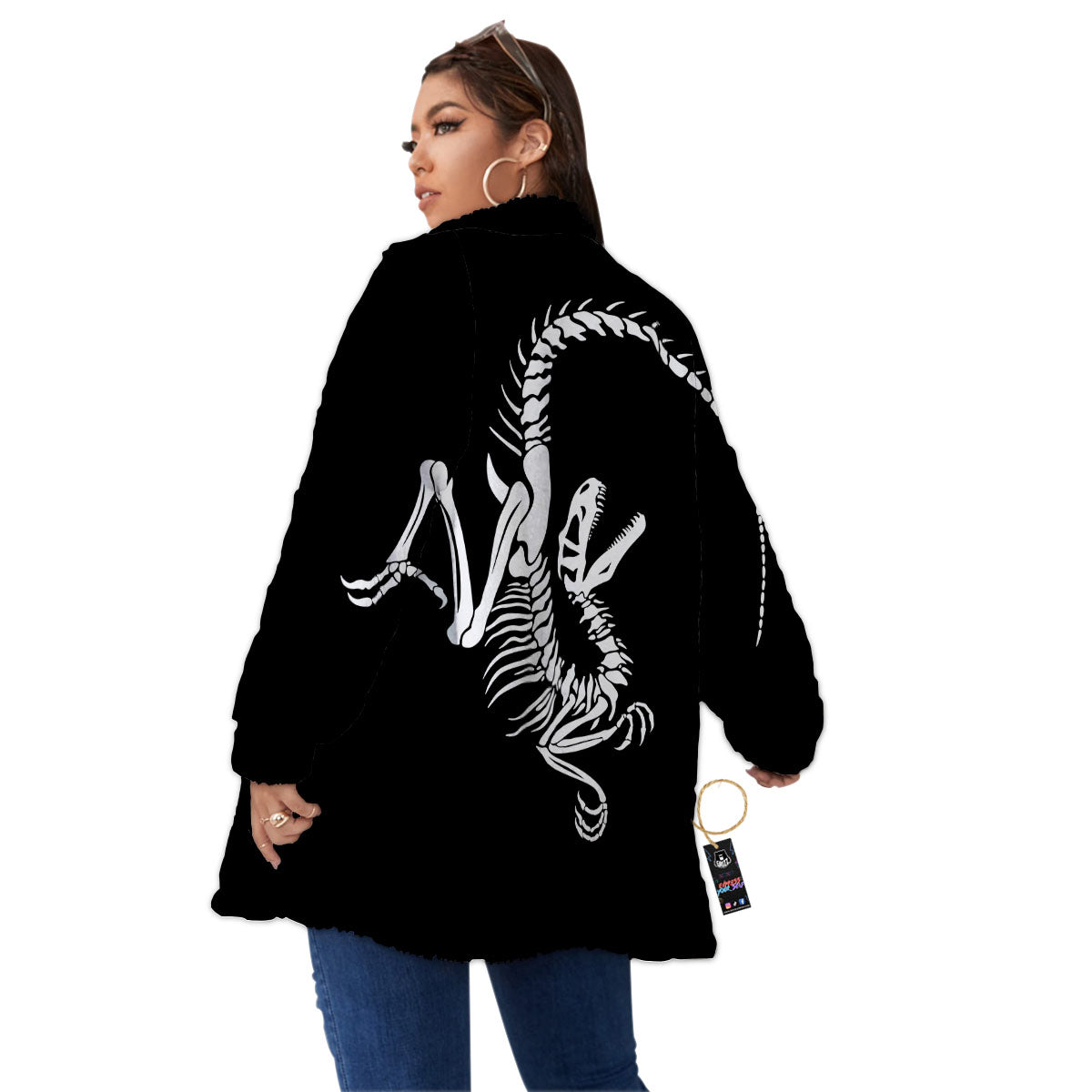 Dinosaur Fossil White And Black Print Women's Sherpa Jacket-grizzshop