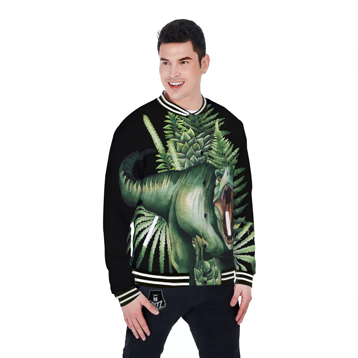 Dinosaur T Rex And Jurassic Plants Print Baseball Jacket-grizzshop