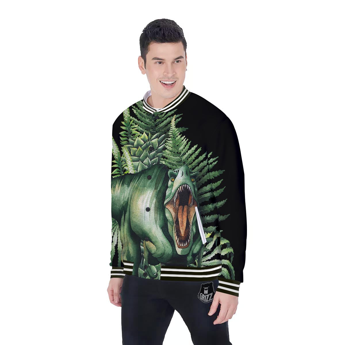 Dinosaur T Rex And Jurassic Plants Print Baseball Jacket-grizzshop