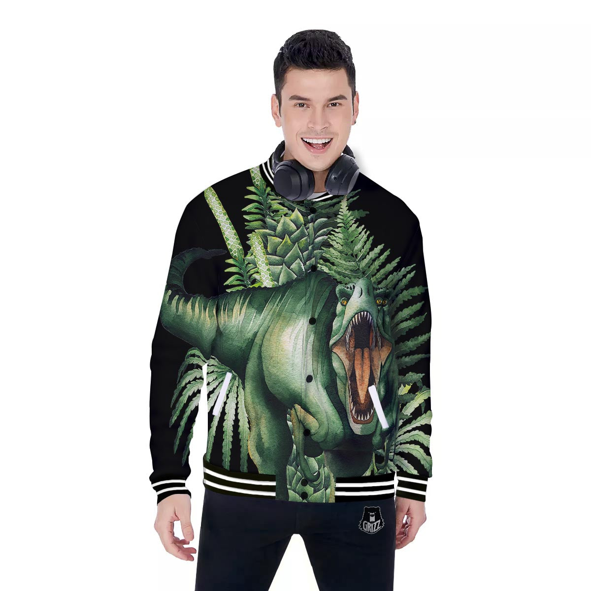 Dinosaur T Rex And Jurassic Plants Print Baseball Jacket-grizzshop