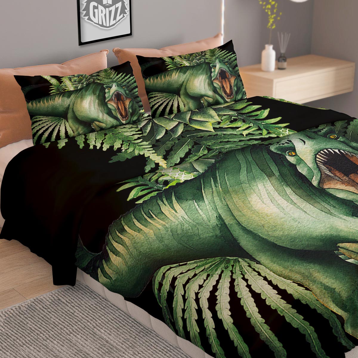 Dinosaur T Rex And Jurassic Plants Print Duvet Cover Bedding Set