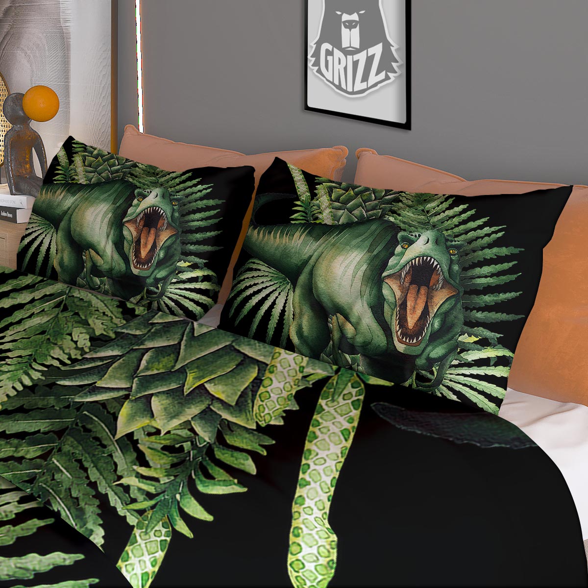 Dinosaur T Rex And Jurassic Plants Print Duvet Cover Bedding Set