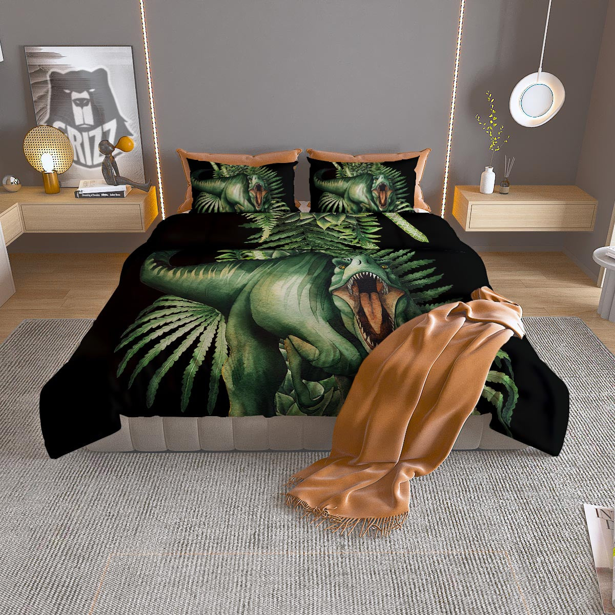 Dinosaur T Rex And Jurassic Plants Print Duvet Cover Bedding Set