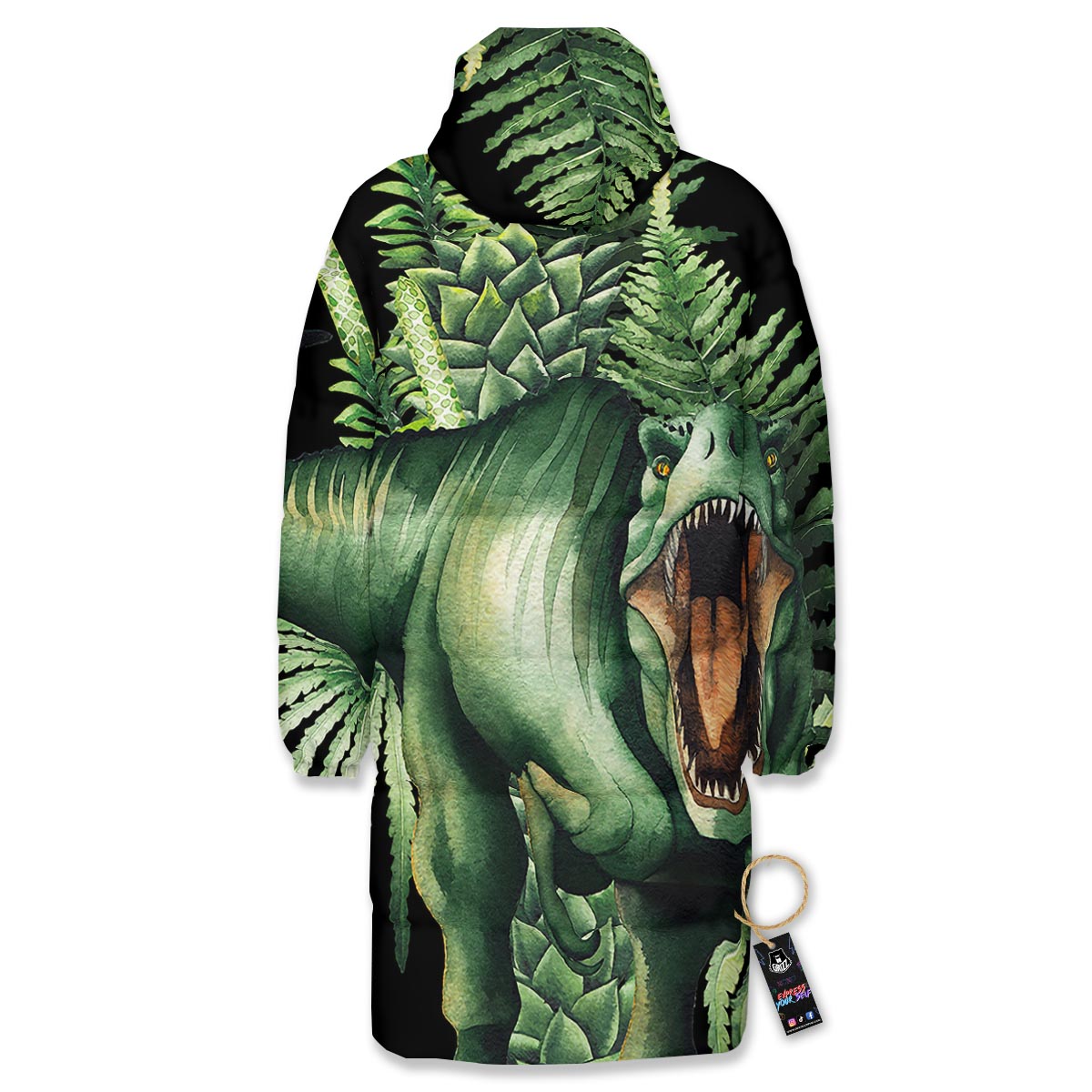 Dinosaur T Rex And Jurassic Plants Print Long Down Jacket-grizzshop
