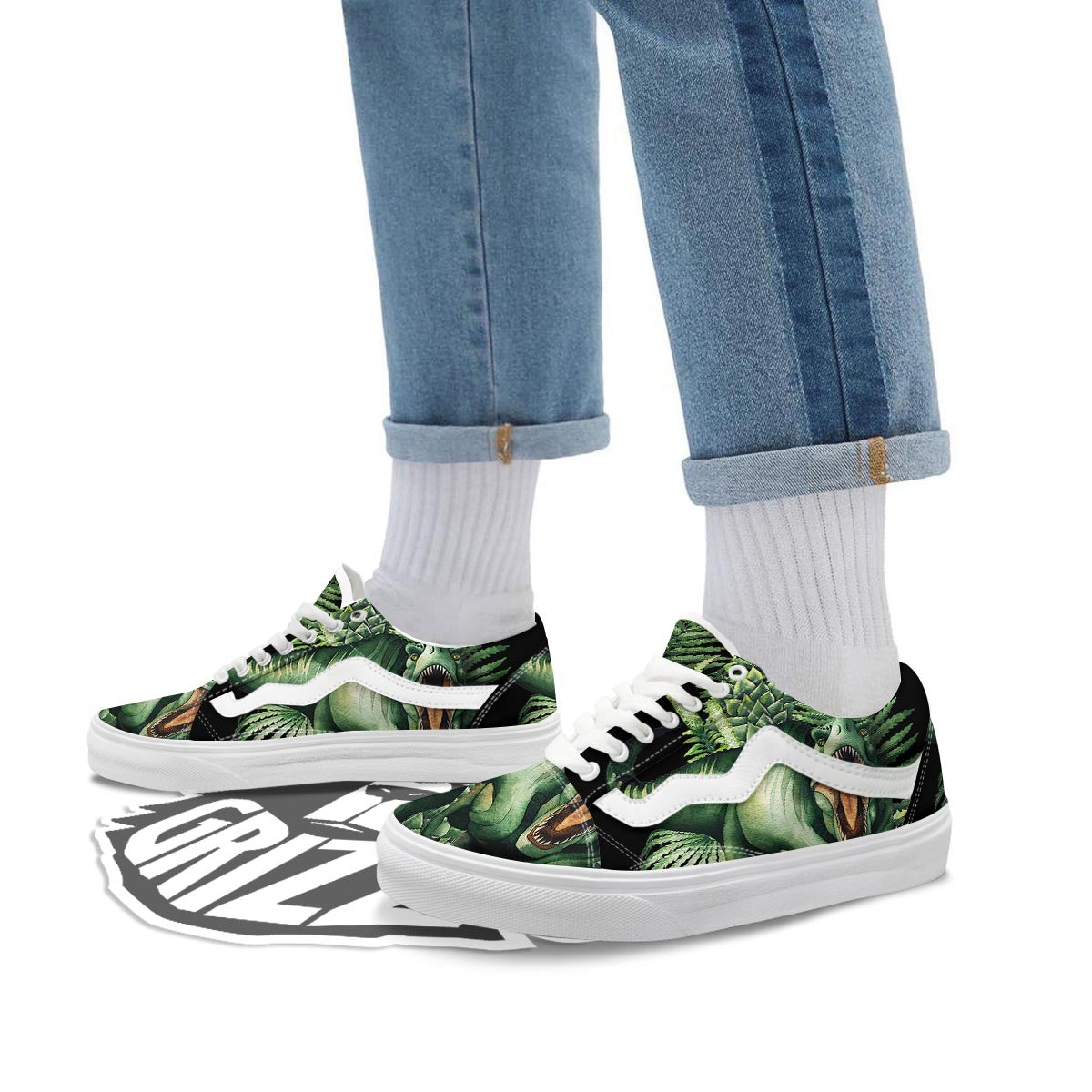 Dinosaur T Rex And Jurassic Plants Print Skate Shoes-grizzshop