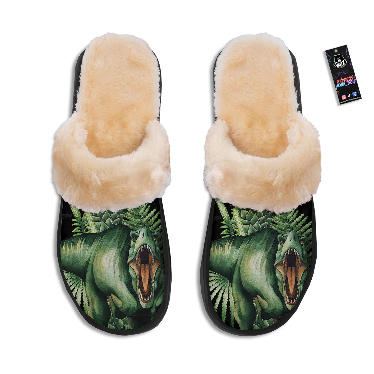 Dinosaur T Rex And Jurassic Plants Print Slippers-grizzshop