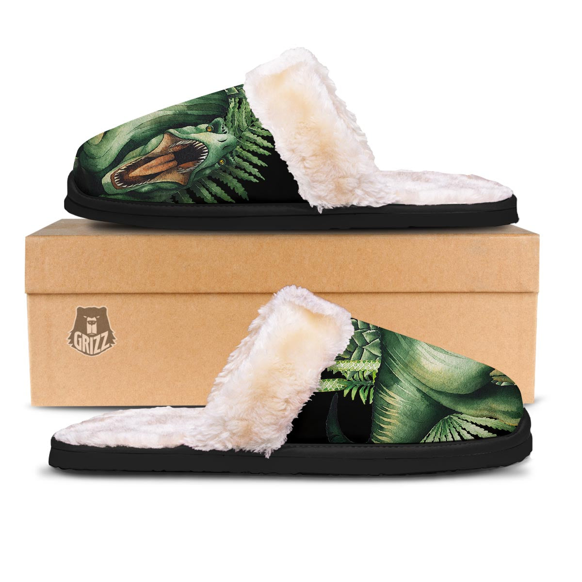 Dinosaur T Rex And Jurassic Plants Print Slippers-grizzshop