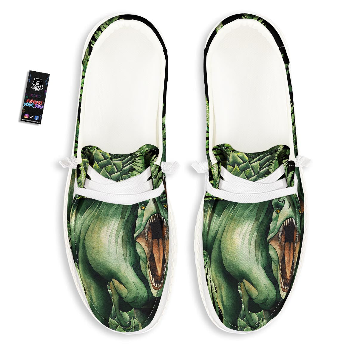 Dinosaur T Rex And Jurassic Plants Print White Loafers-grizzshop