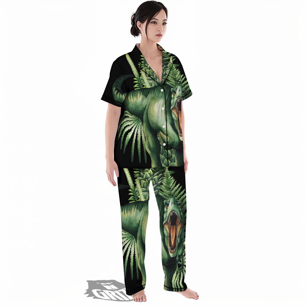 Dinosaur T Rex And Jurassic Plants Print Women's Pajamas Set-grizzshop